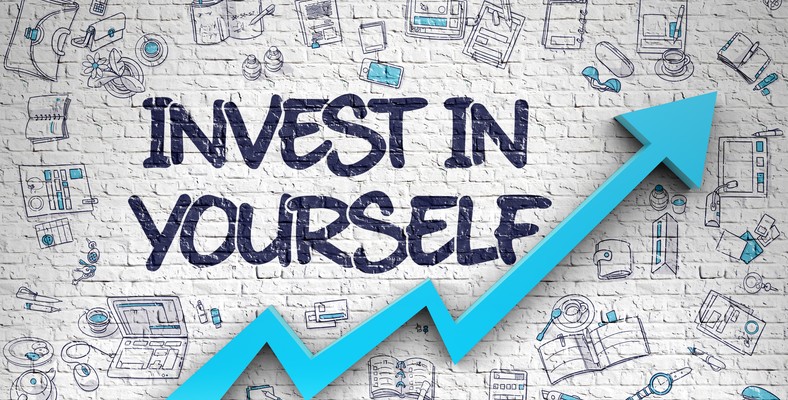 Invest In Yourself - Development Concept with Doodle Design Icons Around on the White Brick Wall Background. Brick Wall with Invest In Yourself Inscription and Blue Arrow. Improvement Concept. 3D.
